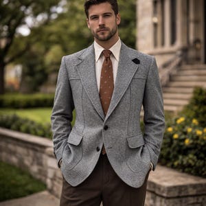 1970s Gray Tweed Men's Vintage Suit Jacket / Sport Coat with Black Suede Elbow Patches h.i.s. Tailored Clothing - Size 40 (MEDIUM)