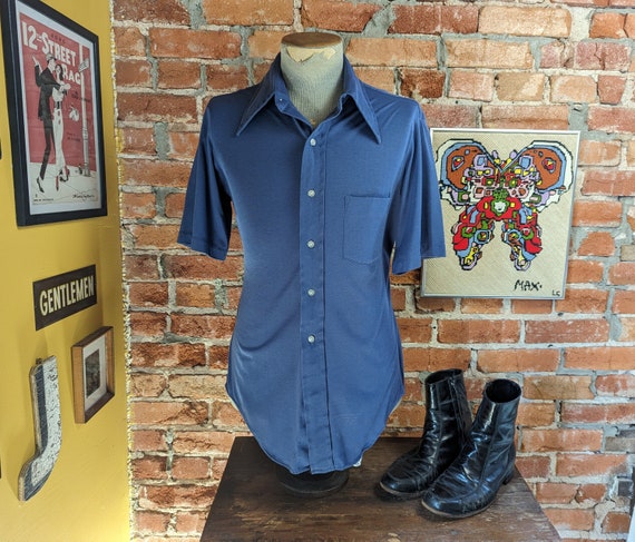 1970s Men's Vintage Blue Shirt Short Sleeve Super… - image 2