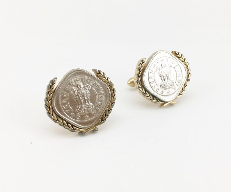 1960s SWANK Indian Coin Cufflinks Men/'s Vintage Gold Tone Metal Cufflink Set with Silver Coins from India by SWANK