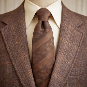 1970s Wide Brown Floral Wembley Tie Men's Vintage Disco Era Brown Textured Polyester Necktie Wemlon Fabric by Wembley