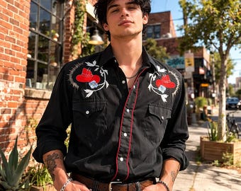 1980s Vintage Embroidered Western Shirt Men's Black Long Sleeve Pearl Snap Shirt Red Cowboy Hat & White Floral designs Sport 10 - Size LARGE