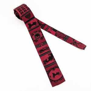1950s ROOSTER Antique Car Necktie Vintage Square Bottom Men&#39;s All Cotton Skinny Necktie with Hand Printed Car Designs by Sun Fabrics
