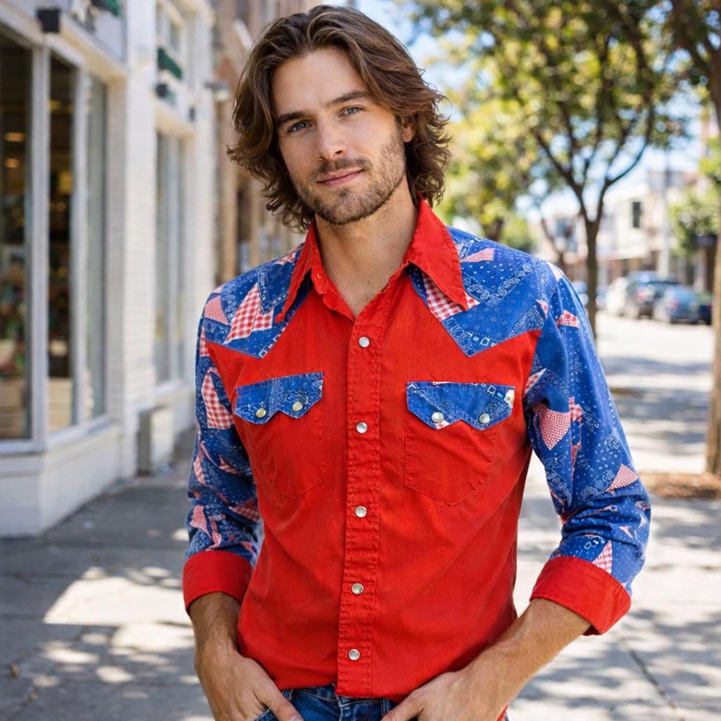 1970s Vintage Red, White & Blue Western Shirt Men's Cowboy Style