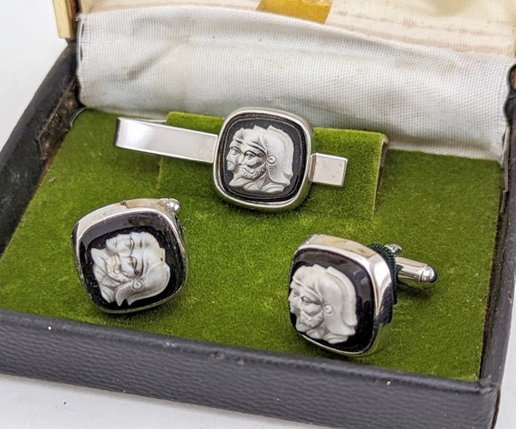 Boutons De Manchette & Pince à Cravate Vintage - Motif Camée Sur Ruban - Occasion