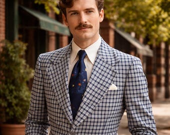 1970s Vintage Blue Plaid Men's Suit Jacket Blue & White Soft Woven Wool Blend Blazer / Sport Coat by Walton Clothes - Size 42 Long (LARGE)