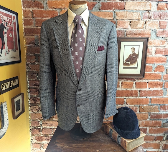 1980s Vintage TWEED Gray and Teal Houndstooth Men's Suit Jacket