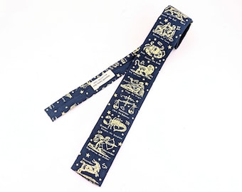 1950s ROOSTER Horoscope Necktie Vintage Square Bottom Men&#39;s All Cotton Skinny Necktie with Hand Printed Designs by Sun Fabrics
