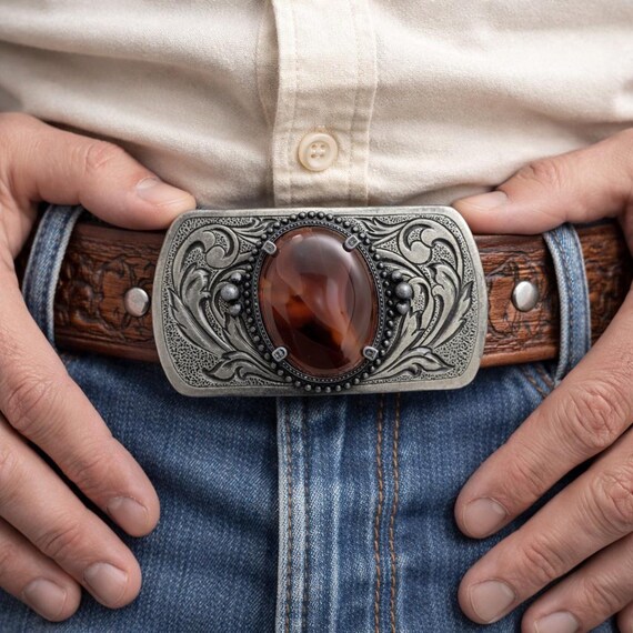 1970s-80s Vintage Agate Belt Buckle Natural Stone Cowboy  display picture 2