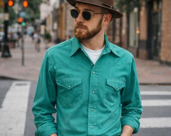 1970s Vintage Turquoise Western Shirt Men's Cowboy Style Long Sleeve Pearl Snap by Mesquite Niver Western Wear Fort Worth, TX - Size LARGE