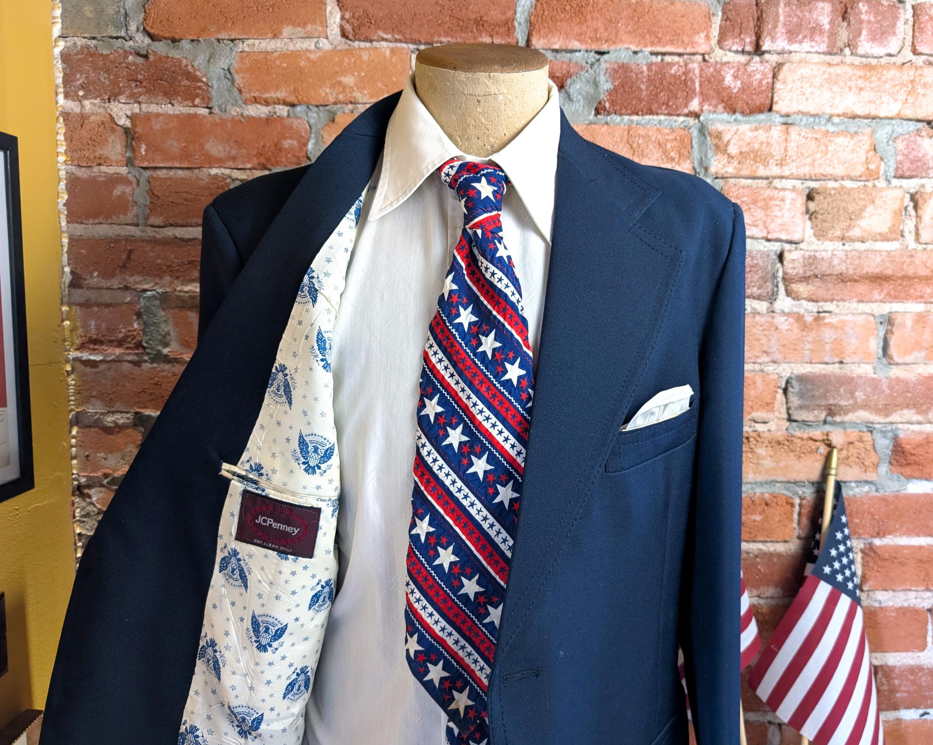 1976 U.S. Bicentennial Suit Jacket Men's Vintage Disco Era Navy