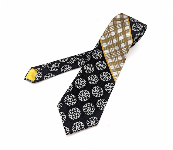 1970s Abstract Floral Tie Mens Vintage Black, Whi… - image 1