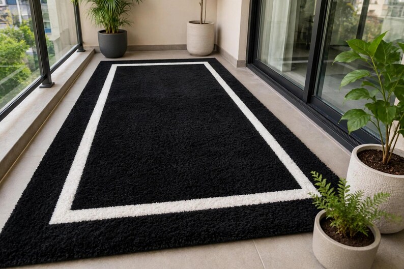Handmade Black Rug With White Border, Black and White Shag Rug ...