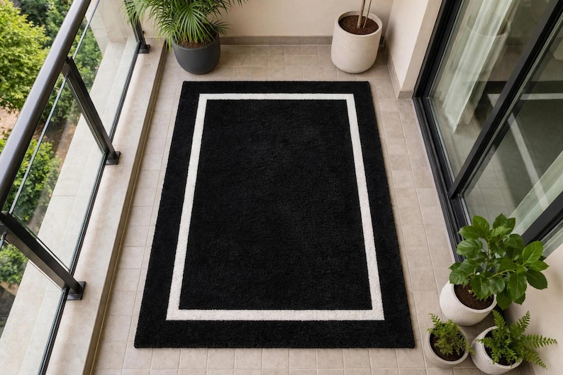 Handmade Black Rug With White Border, Black and White Shag Rug ...