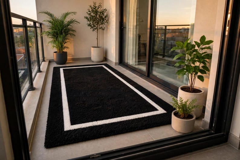 Handmade Black Rug With White Border, Black and White Shag Rug ...