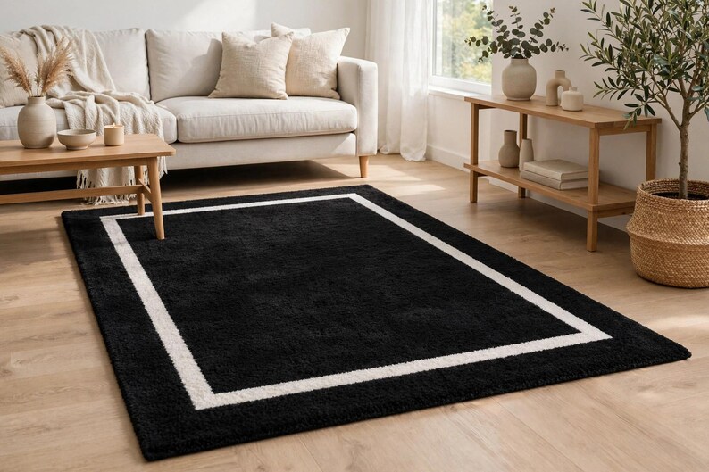Handmade Black Rug With White Border, Black and White Shag Rug ...