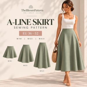 A Line Skirt Sewing Pattern, Mini Midi Maxi Skirt, Layered Printable Pattern, Sizes 36-52, Print at Home, Projector File