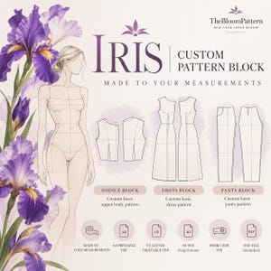 Op de afbeelding: Het Iris custom patroonblok van TheBloomPattern toont een lijntekening van een figuur met meetlijnen, naast patronen voor lijfjes, jurken en broeken. Iconen geven de A4, US Letter, A0, projector en DXF bestandsformaten aan.