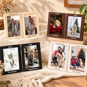 Personalized Double Photo Frame, Engraved Wooden Folding Frame, Pet Memorial Gift, Family Keepsake, Christmas Gift, Anniversary Gift
