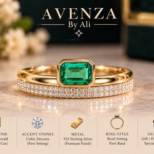 May include: A gold-toned ring featuring a rectangular emerald-cut green gemstone in a bezel setting, paired with a pavé-set band. The text AVENZA By Ali is visible at the top, with icons and labels for gemstone, accent stones, and metal.