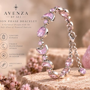 Kunzite Bracelet | Pink Kunzite Gemstone Bracelet | Moon Phase Bracelet | Celestial Pink Stone Bracelet | Silver Tone Jewelry | Gift for Her