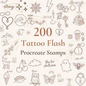 May include: A digital collection of 200 tattoo flash Procreate stamps featuring brown line art icons including a ship wheel, dice, heart, butterfly, owl, ghost, bee, cherry, mountains, and various phrases like carpe diem and stay wild.