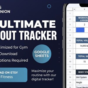 Modèle de planificateur de fitness numérique Google Sheets pour suivi d'entraînement, journal de musculation, outil de suivi d'exercices mobile
