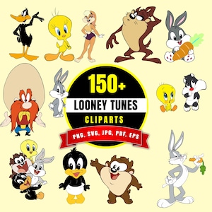 Puede incluir: Una colección de ilustraciones de personajes de Looney Tunes que incluye a Bugs Bunny, el Pato Lucas, Piolín, Taz y otros. Una insignia circular negra central presenta el texto amarillo 150+ LOONEY TUNES CLIPARTS con formatos PNG, SVG, JPG, PDF, EPS.