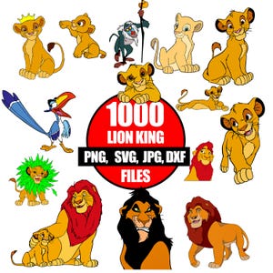 May include: A collection of digital illustrations featuring various lion characters and a bird from The Lion King, centered around a red circle with the white text 1000 LION KING PNG, SVG, JPG, DXF FILES, showcasing diverse poses and expressions.
