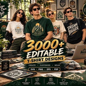 Puede incluir: Una colección de 3000+ diseños de camisetas editables con varios estampados gráficos como montañas, soles y mariposas en camisetas blancas, verdes y negras. El producto digital incluye archivos SVG, PNG, EPS y PDF para personalizar.