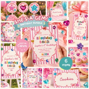 Puede incluir: Un conjunto de fiesta de cumpleaños a rayas rosas y blancas que incluye invitaciones, etiquetas de agradecimiento y etiquetas de comida. El texto incluye "She's a Gem! Birthday Bundle", "Birthday Bash", "Sophia's 6th Birthday", "Rock Candy" y "Cookies", decorado con acentos de colores en forma de gemas.