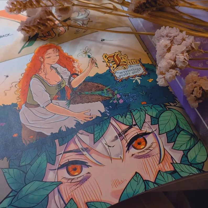 Pode incluir: Ilustra&ccedil;&atilde;o colorida de uma mulher ruiva com um vestido verde e branco, segurando uma flor. A obra de arte &eacute; intitulada "Lillie, Mysterious Pretty Girl". A imagem tem um tema de fantasia, com elementos florais e naturais.