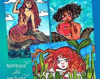 Impressões em formato de cartão postal A6 com sereia: arte em aquarela, papel fosco.