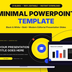 Könnte beinhalten: Eine digitale PowerPoint-Präsentationsvorlage mit 21 Folien in den Farben Gelb, Schwarz und Blau. Das Design umfasst eine fette Typografie, ein Symbol für eine Doktorhut-Kappe und eine Balkengrafik mit der Beschriftung Results by Category.