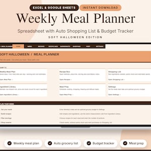 Puede incluir: Una hoja de cálculo digital de planificación de comidas semanal para Excel y Google Sheets con un tema suave de Halloween. La interfaz incluye pestañas para recetas, ingredientes y compras, con lista de la compra automática y control de presupuesto.