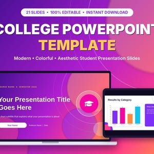 以下が含まれることがあります： 大学のプレゼンテーション用デジタルPowerPointテンプレート。21枚のスライドで構成され、紫とピンクのグラデーション背景に円形のパターンが描かれています。テキストには「College PowerPoint Template, 21 Slides, 100% Editable, Instant Download, Modern, Colorful, Aesthetic Student Presentation Slides」と記載されています。