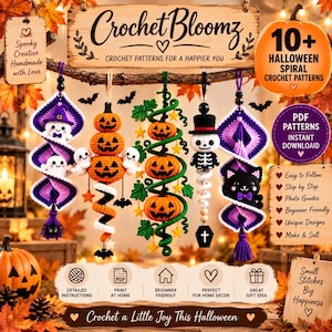 Könnte beinhalten: Fünf hängende Häkeldekorationen mit Halloween-Motiven, darunter Geister, Kürbisse, ein Skelett und eine schwarze Katze. Die Artikel werden mit Texten wie Crochet Bloomz, 10+ Halloween Spiral Crochet Patterns und PDF Patterns präsentiert.