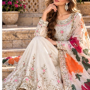 Embroidered Pakistani Lawn Dress, Luxury Floral Salwar Kameez, Chiffon Dupatta, Wedding Party Wear Outfit