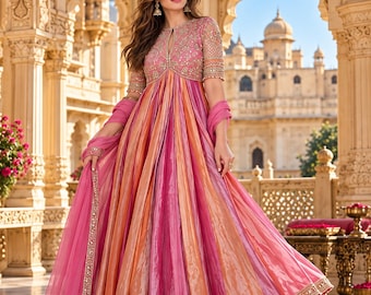 Besticktes rosa Anarkali-Kleid, Outfit für indische Hochzeitsgäste, festliches ethnisches Kleid mit Dupatta