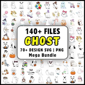 May include: A digital collection of over 140 ghost illustrations featuring various characters, including ghosts with pumpkins, flowers, books, cats, and hats. The central text reads 140+ FILES GHOST 70+ DESIGN SVG | PNG Mega Bundle in black and yellow.