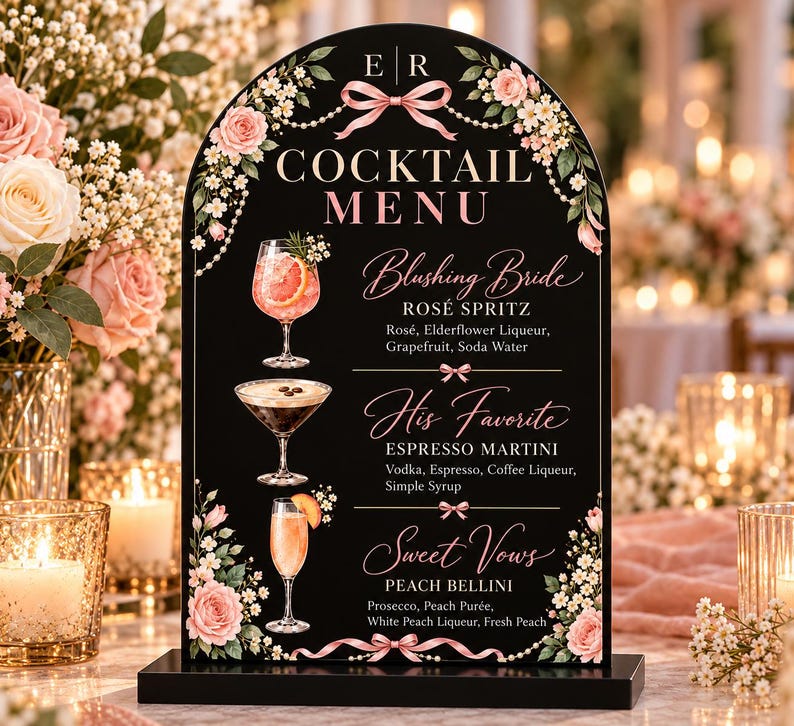 Cocktailes Reception Frame Personalized Wedding Cocktail Menu Sign Custom Acrylic Signature Drinks ...