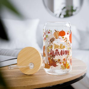 Szklanka do picia Autumn Sipper | 16-uncjowa przezroczysta słomka z bambusową pokrywką