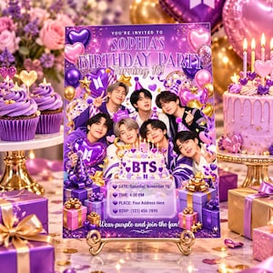 Op de afbeelding: Een rechthoekige verjaardagsuitnodigingskaart met een groepsfoto van de band BTS, paarse hartvormige ballonnen en cadeauverpakkingen. De tekst luidt: You're invited to Sophia's Birthday Party Turning 16! Date: Saturday, November 15, Time: 4:00 PM, Place: Your Address Here, RSVP: (123) 456-7890, Wear purple and join the fun!
