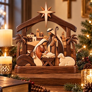 May include: A wooden nativity scene featuring carved figures of Mary, Joseph, and the infant Jesus in a manger. The display includes a cow, a sheep, palm trees, and a star at the top, all set against a backdrop of a small town.