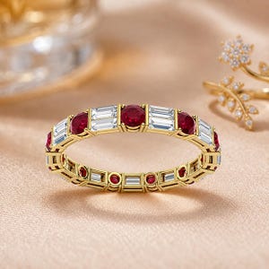 Elegante ronde trouwring met robijn | Stapelbare ring van 14 karaats goud | Geboortesteenring van juli, ring met moissanite steentjes, cadeau voor vrouwen, trouwring