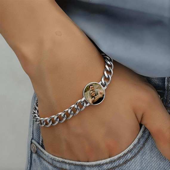 Custom Photo Projection Bracelet, Personalized Picture Inside Cuban Chain Bracelet, Couples Memorial Jewelry, Anniversary Gift for Him Her