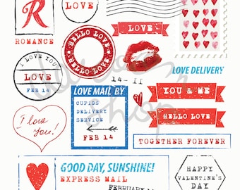 Valentine Clipart/Valentine's Day Love Messages/Digital Stamp Collection/Love Letter Clip Art Set/Vector EPS + PNG Files/Instant Download