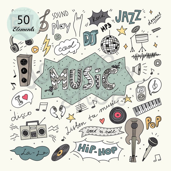 Musik Doodle, Vektor Icons, Musikalische Planner Aufkleber, Doodle Icons, Clipart Set Handgezeichnete Linie Art Design, Kunstwerk Clip Art, Digital Cartoons