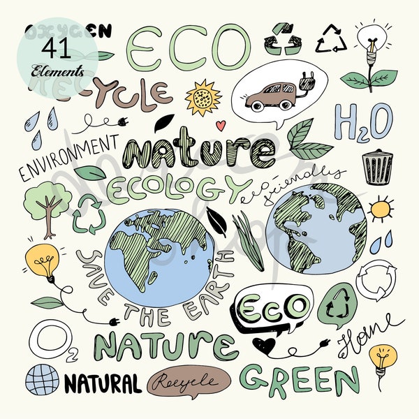 Eco recycler Doodle recyclage icônes Clipart Scrapbook ensemble dessiné à la main environnement symbole Clip Art Nature Collection écologie jour de la terre vecteur
