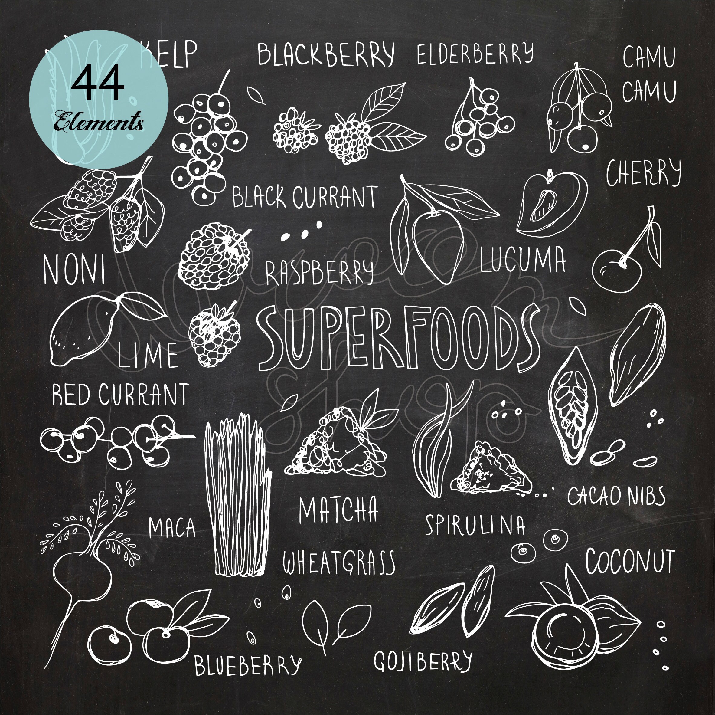 Chalkboard Super food Clipart,Hand Drawn Chalk Superfood Doodles, Menu Organic Raw Healthy Food Clip Art,EPS PNG,Health Store,Healthy Food,