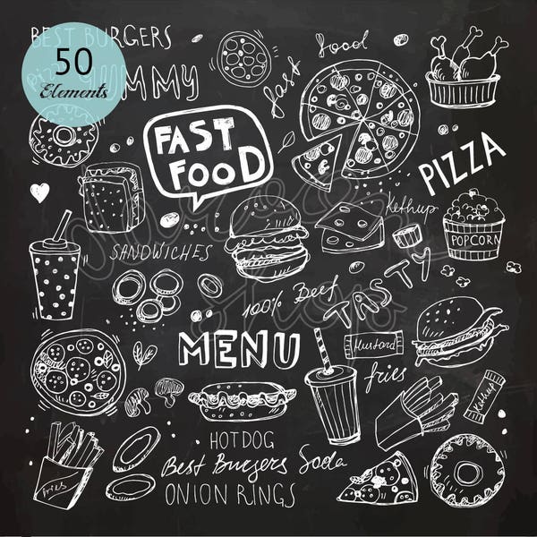 Kreide handgezeichnete Fast Food Clip Art/Kreidetafel Clipart/Doodle Sammlung/EPS+PNG/digitaler Download/Pizza,Burger,Hot Dog,Sandwich,Pommes Fries